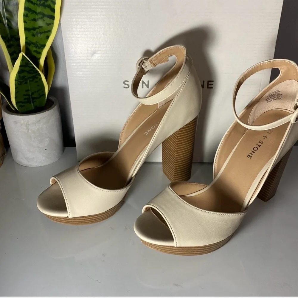 Sun + Stone Cream Ankle-Strap Block Heel Sandals